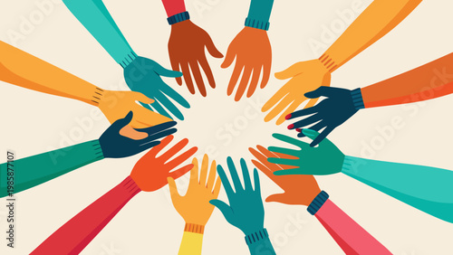 Diverse hands joined together in a circle symbolizing unity and collaboration