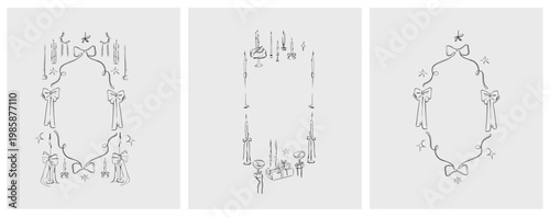 Hand drawn vector abstract outline,graphic,line celebration ornament party frames set in drawing elegant style.Elegant decoration vintage outline design isolated.Birthday,Christmas,party frames design