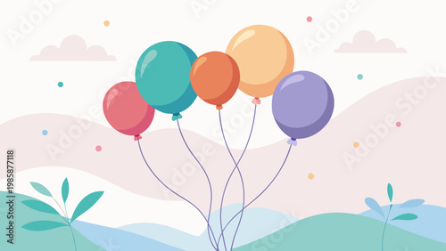 Colorful balloons floating joyfully over a gentle hillside landscape