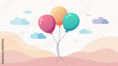 A person releases three colorful balloons into a sky with scattered clouds and mountains in the distance