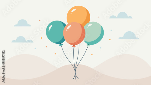 Colorful balloons floating in a serene sky with rolling hills below