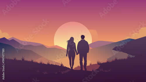 Couple standing together during a breathtaking sunset by the mountains