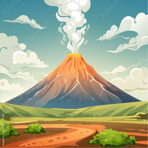 Ein majestätischer Vulkangipfel erhebt sich über eine raue, zerklüftete Landschaft