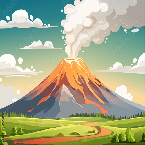 Ein majestätischer Vulkangipfel erhebt sich über eine raue, zerklüftete Landschaft