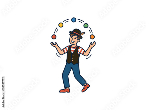 Cheerful Juggler Character Juggling Colorful Balls in Flat Line Art Style