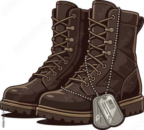 Pair of Combat Boots with Dog Tags Memorial Day