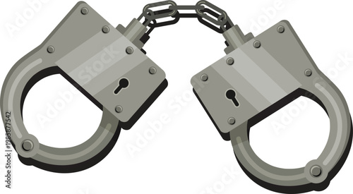 A clean vector illustration of metallic handcuffs connected by a short chain, isolated on a light background, smooth shading, modern flat design, high detail, law enforcement concept.