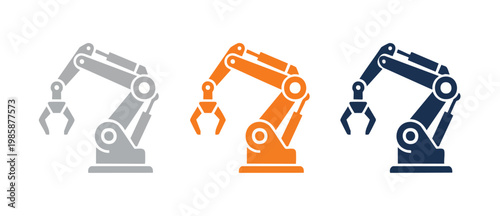 Industrial Robotic Arm Icon Set for Manufacturing Automation and Industry 4.0 Technology. Vector flat symbols of mechanical robotic arms for smart factory, production line logistics, and digital engin
