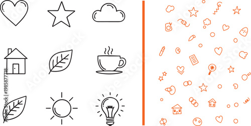 Set of hand drawn doodle icons and seamless pattern with simple shapes