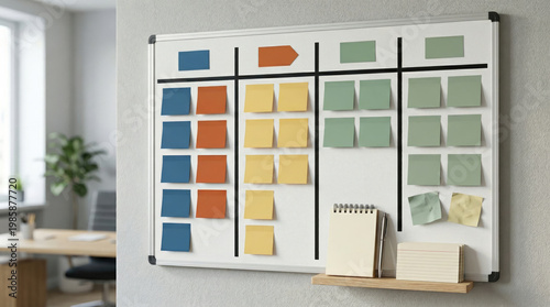 Agile scrum board with paper task for software development team methodologies concept. A creative workspace featuring a colorful sticky note board.