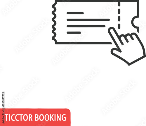 Outline icon of a hand cursor clicking on a perforated ticket with text lines