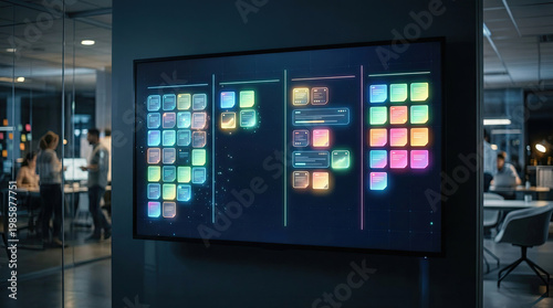 Post-it notes whiteboard tasks and goals in agile startup concept. A digital display showcasing vibrant, interactive data tiles.