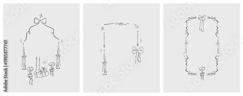 Hand drawn vector abstract outline,graphic,line celebration ornament party frames set in drawing elegant style.Elegant decoration vintage outline design isolated.Birthday,Christmas,party frames design