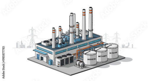 Isometric industrial energy plant illustration with smokestacks, power generation equipment, and fuel storage tanks for modern sustainable production and essential infrastructure