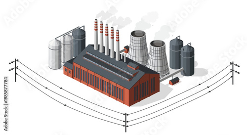 Isometric illustration of an industrial factory with prominent smokestacks, cooling towers, and storage tanks, depicting power generation and manufacturing infrastructure