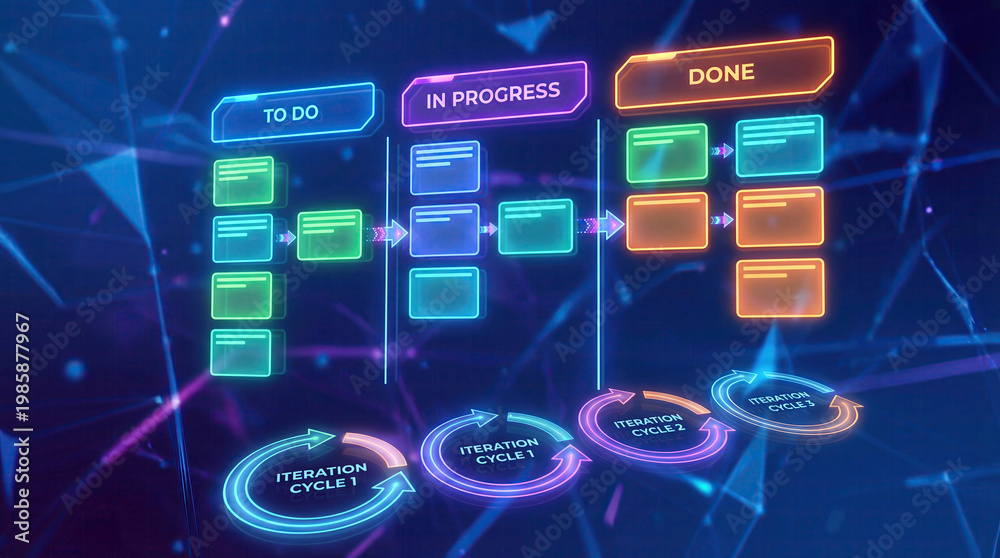 Naklejka premium Agile project management scrum iteration boards abstract concept. A futuristic digital workflow illustration with vibrant color blocks.
