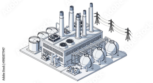Isometric concept illustration of a power plant. Depicts smokestacks, storage tanks, and electricity pylons, symbolizing modern energy production and industrial infrastructure