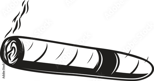 Minimalist cigar illustration — clean black and white vector drawing of a smoking cigar, soft curling smoke lines, isolated on white background, high contrast, simple outline, logo style