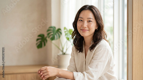 Beautiful Asian woman of middle age posing beauty portrait concept. A joyful woman smiles in a bright, modern living space.