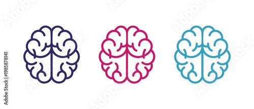 Human Brain Icon Set, Flat Line Style Illustration, Mental Health and Neurology Concept, Education and Science Vector Symbols, Colorful Cerebral Hemisphere Graphics for Psychology and Creative Thinkin