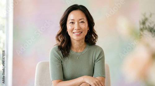 Beautiful Asian woman of middle age posing beauty portrait concept. A joyful woman smiling in a bright, inviting environment.