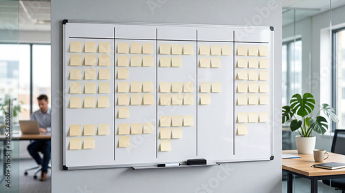 Post-it notes whiteboard tasks and goals in agile startup concept. A modern office with sticky notes for project management.
