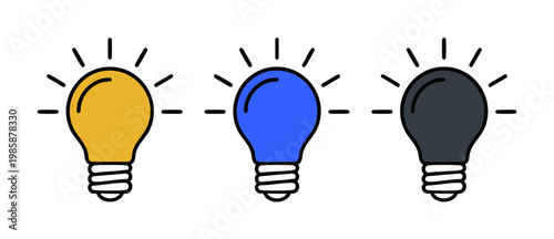 Light bulb icon set with creative ideas and innovation concept, vector illustration of glowing electric lamps in yellow blue and dark colors for business solutions and electricity graphic design eleme