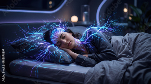 Brain sleep relaxation mindful meditation waves concept. A peaceful sleeper surrounded by glowing energy and innovation.