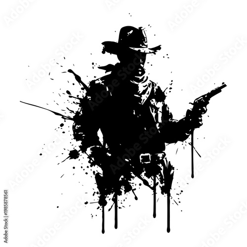 Foto Cowboy outlaw with revolver gun in messy ink splatter style