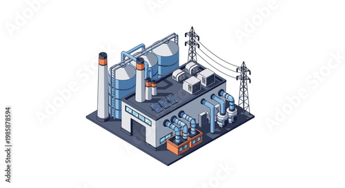 Isometric industrial building with silos, pipes, and power lines, representing a factory or processing plant in an urban or industrial setting
