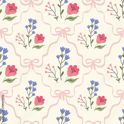 A seamless pattern with flowers and a flirty lattice design. Perfect for textiles, wallpaper, wrapping paper, and romantic vintage-style decor.