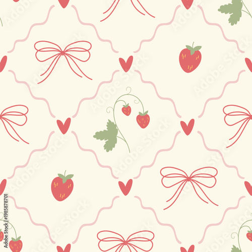 A seamless pattern with strawberries and a flirty lattice. Perfect for textiles, wallpaper, wrapping paper, and romantic vintage-style decor.