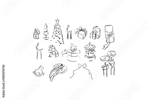 Hand drawn abstract vector graphic illustration collection with stylized line Merry Christmas and Happy New Year design set.Trendy modern doodle sketch concept.Vector line celebration sketch symbol.