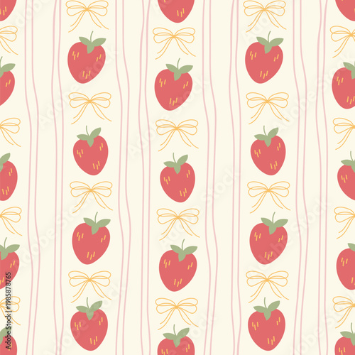 Seamless floral striped pattern in Regency style with strawberries. Perfect for textiles, wallpaper, wrapping paper, and romantic vintage decor.