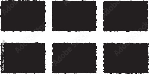 Six Black Rectangular Frames with Rough Edges on White Background, Vector Illustration