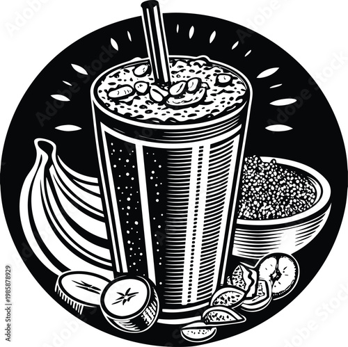 Black sesame smoothie bowl, banana, and chia seeds vector illustration, healthy drink, foodie design element