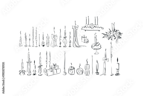 Hand drawn abstract vector graphic illustrations collection with line celebration decoration design set with candles.Trendy modern candles with bow sketch concept.Vector celebration sketch symbol.