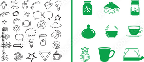 Set of hand drawn doodle elements and green flat design icons for graphic projects