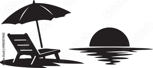 Clean black silhouette of beach chair and umbrella at sunset