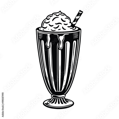 Black and white milkshake icon, vintage style illustration, creamy dessert, drink design element