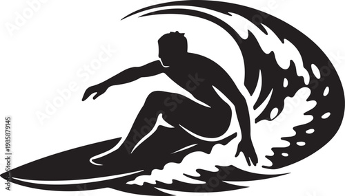 Clean black silhouette of surfboard rider catching wave