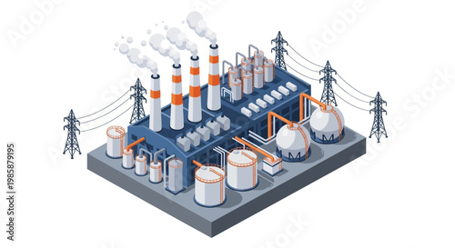 Industrial complex with factory buildings, storage tanks, power lines, and smoke emitting from chimneys, representing manufacturing and energy production