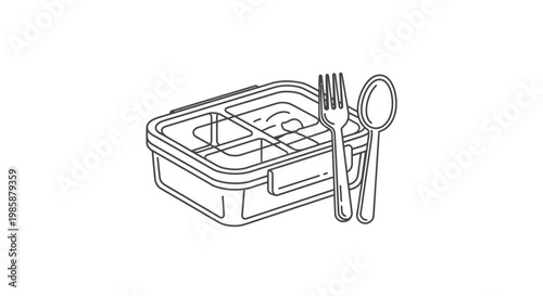A clean and organized line art illustration featuring a segmented lunchbox accompanied by essential dining utensils, perfect for meal prep, school, or work lunches