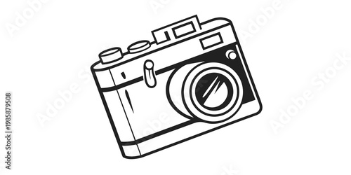 A black and white line art illustration of a vintage rangefinder-style camera, shown at a slight angle with visible dials, a lens, and a viewfinder, representing classic photography and media.