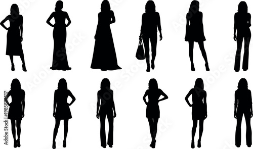 Collection of twelve black vector silhouettes featuring elegant women standing in various fashion poses and wearing stylish clothing design elements.