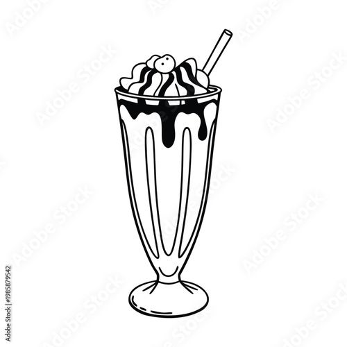 Black and white milkshake, dessert illustration, vector drawing, ice cream sundae
