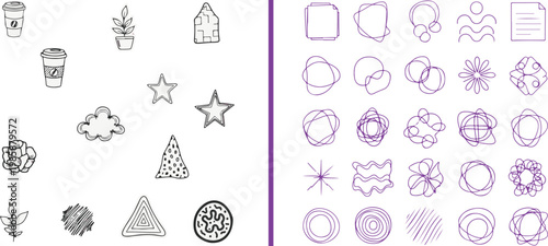Hand drawn doodle elements and abstract purple line art vector set