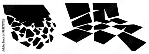 Shattered debris fragments and broken surface pieces in perspective style