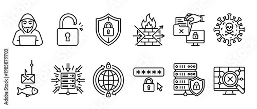 Cybersecurity internet security icons collection representing digital data protection, network threats, hacking, and online privacy concepts.