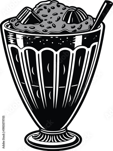 Black and white ice cream sundae, vintage dessert illustration, monochrome food art, sweet treat design